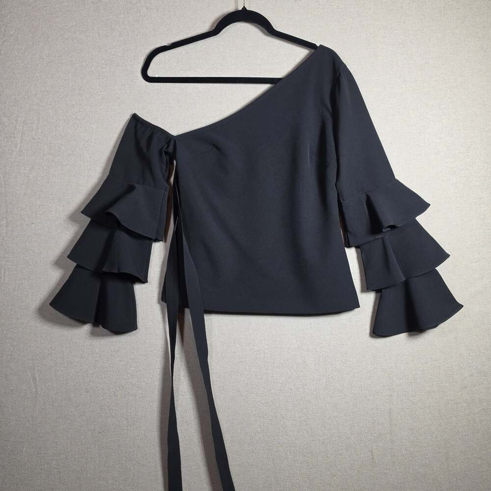 Venus Laci Ruffle Sleeve One Shoulder Tie Waist Blouse 4 Black Sexy Belted Top - Picture 2 of 14